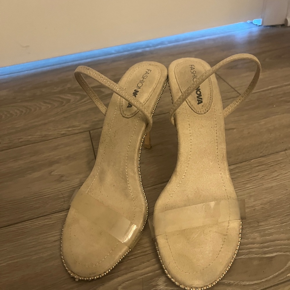 Fashion Nova Tan Suede Heels with slingback ankle  Strap